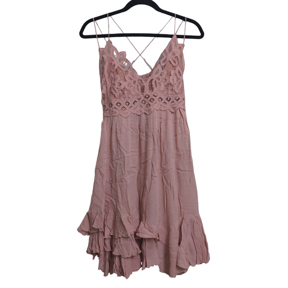 Free People Adella Slip Dress Mini Rose Lace Adjustable Ruffle Smocked M New - Picture 2 of 15